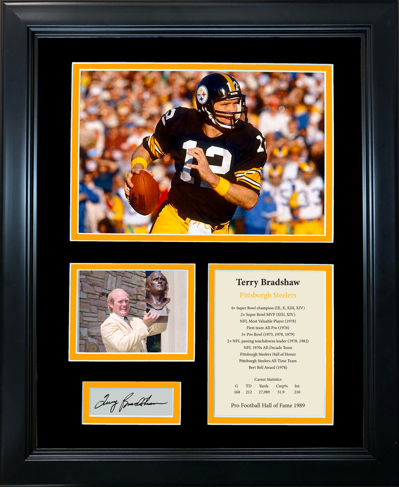 Framed Terry Bradshaw Hall of Fame Facsimile Laser Engraved Signature Auto Pittsburgh Steelers 11"x14" Football Photo Sig Collage (ONLINE ORDER ONLY)
