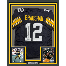 Framed Autographed/Signed Terry Bradshaw 35x39 Pittsburgh Black Football Jersey Beckett BAS COA