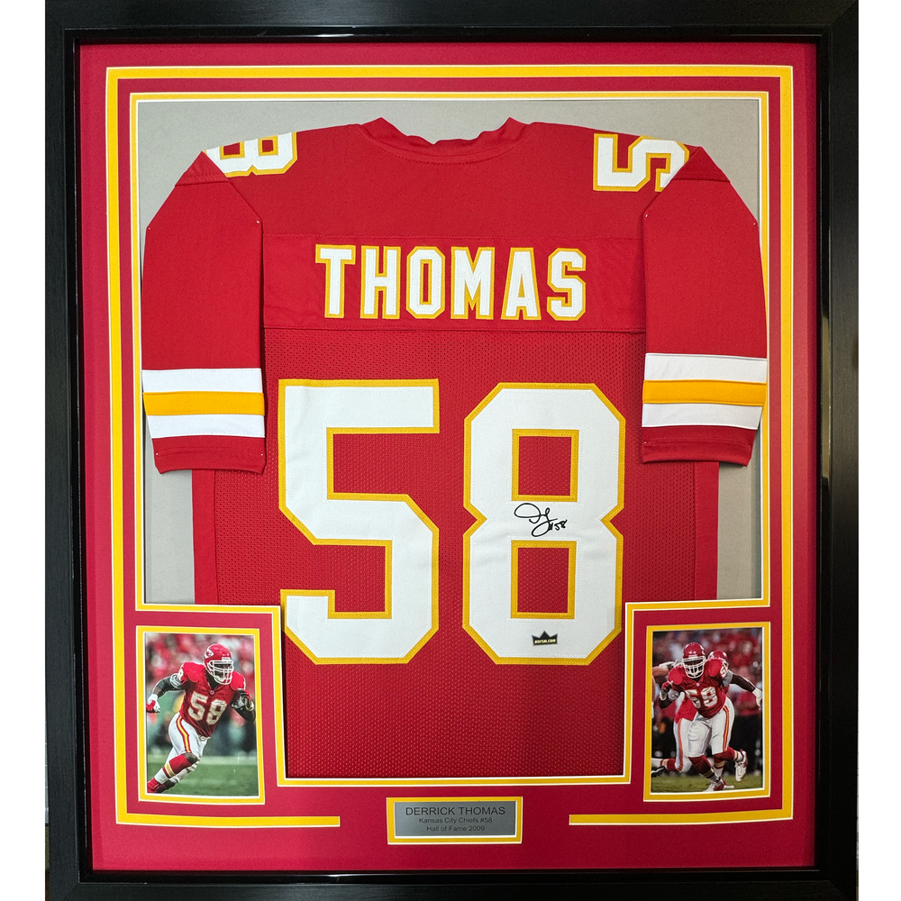 Framed Facsimile Autographed Derrick Thomas 35x39 Kansas City Red Reprint Laser Auto Football Jersey (ONLINE ORDER ONLY)