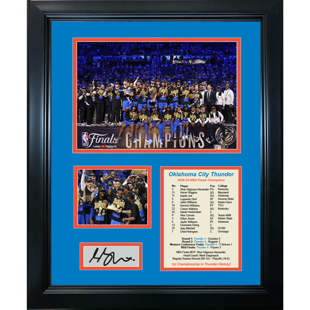 Framed Oklahoma City Thunder 2024-2025 NBA Finals Champions Shai Gilgeous-Alexander SGA MVP Most Valuable Player Facsimile Laser Engraved Signature Auto Basketball 11"x14" Photo Sig Collage (ONLINE ORDER ONLY)