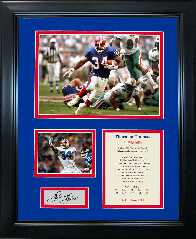 Framed Thurman Thomas Hall of Fame Facsimile Laser Engraved Signature Auto Buffalo Bills 11"x14" Football Photo Sig Collage (ONLINE ORDER ONLY)