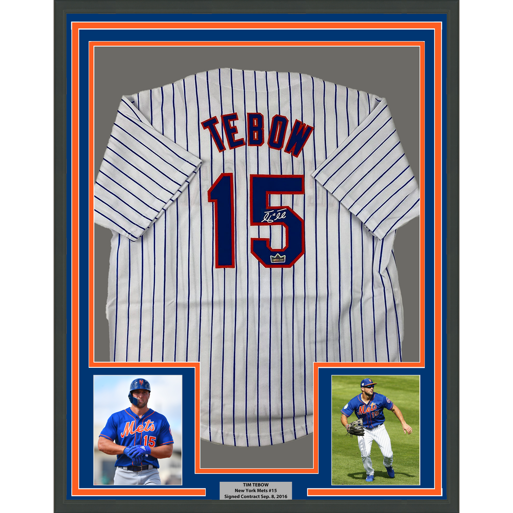 Framed Facsimile Autographed Tim Tebow 35x39 New York Pinstripe Reprint Laser Auto Baseball Jersey Size Men's XL (ONLINE ORDER ONLY)