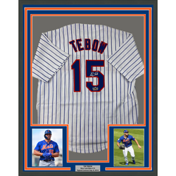 Framed Facsimile Autographed Tim Tebow 35x39 New York Pinstripe Reprint Laser Auto Baseball Jersey Size Men's XL (ONLINE ORDER ONLY)