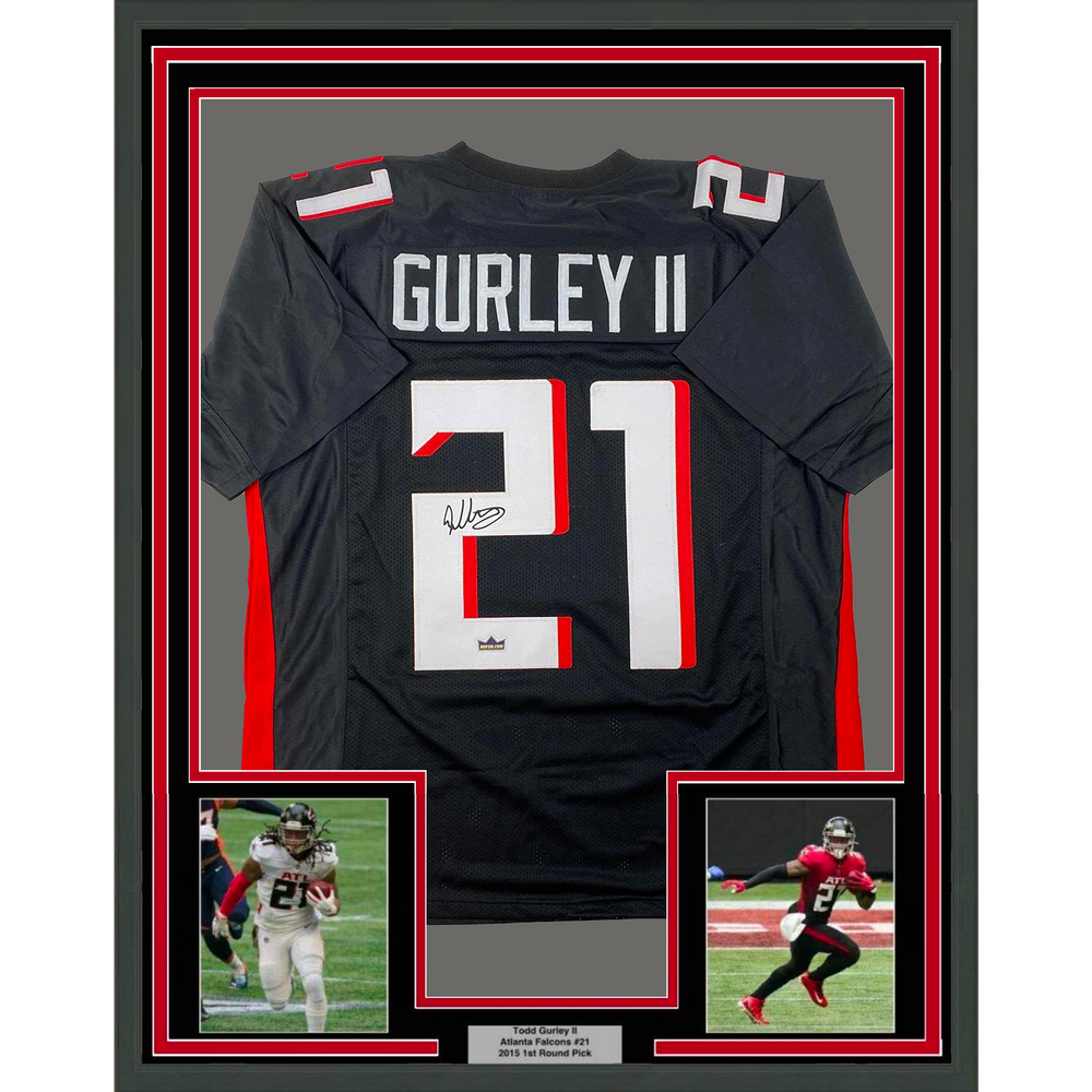 Framed Facsimile Autographed Todd Gurley II 35x39 Atlanta Black Reprint Laser Auto Football Jersey (ONLINE ORDER ONLY)