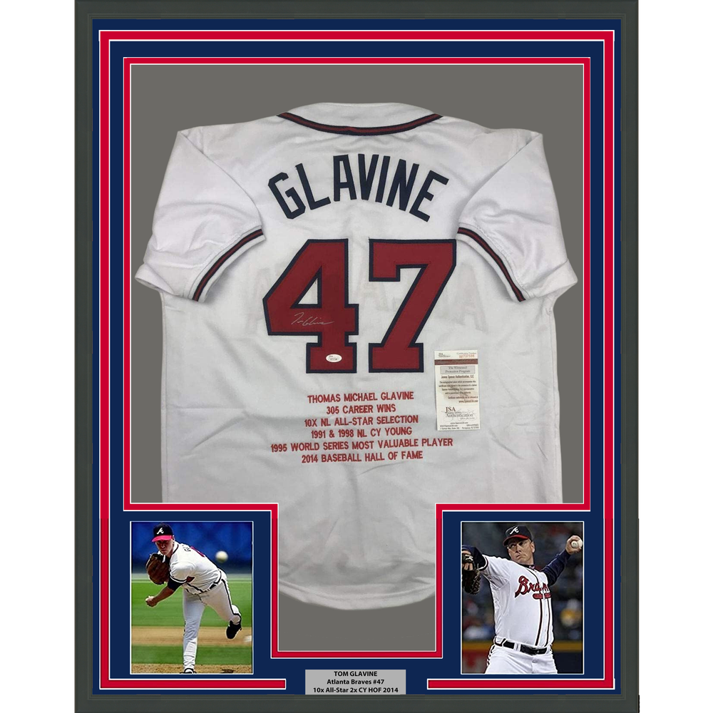 Framed Autographed/Signed Tom Glavine 35x39 Atlanta White Stat Baseball Jersey JSA COA