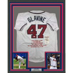 Framed Autographed/Signed Tom Glavine 35x39 Atlanta White Stat Baseball Jersey JSA COA