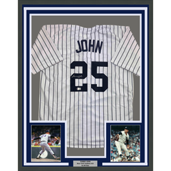 Framed Autographed/Signed Tommy John 35x39 New York Pinstripe Baseball Jersey Beckett BAS COA
