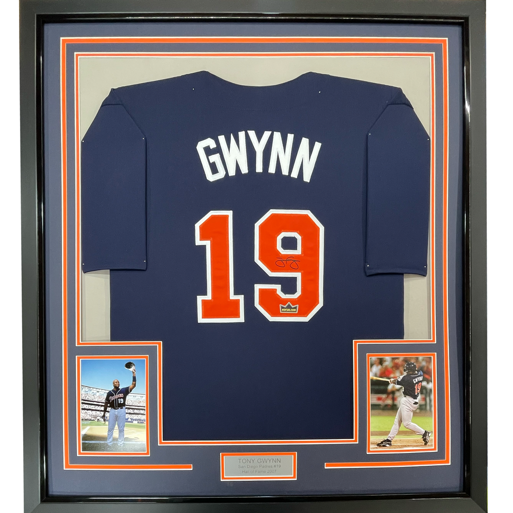 Framed Facsimile Autographed Tony Gwynn 35x39 San Diego Blue Reprint Laser Auto Baseball Jersey (ONLINE ORDER ONLY)