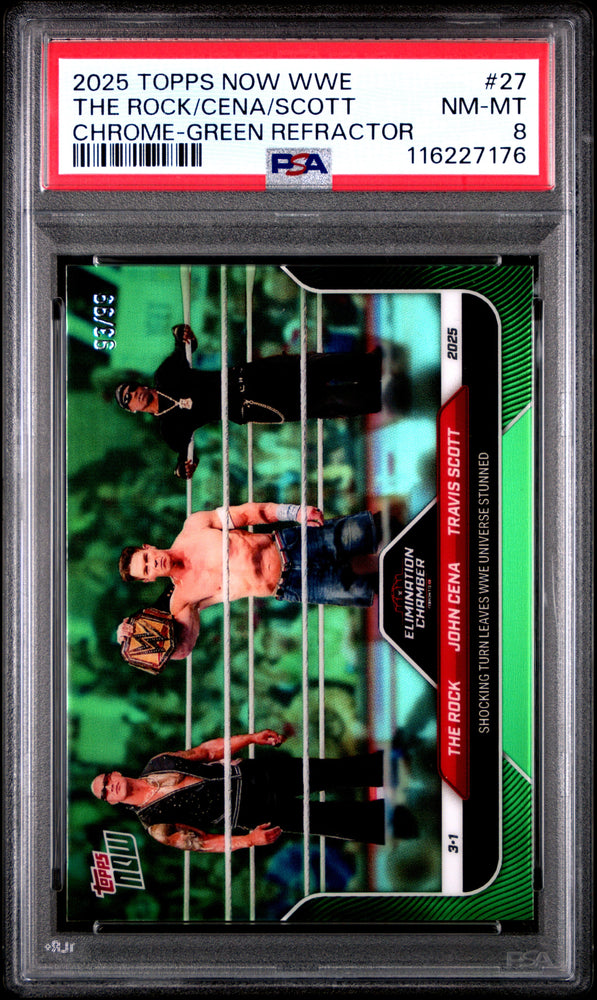 Graded 2025 Topps Now WWE The Rock John Cena Travis Scott #27 Chrome Green Refractor /99 Wrestling Card PSA 8 Near Mint (ONLINE ORDER ONLY)