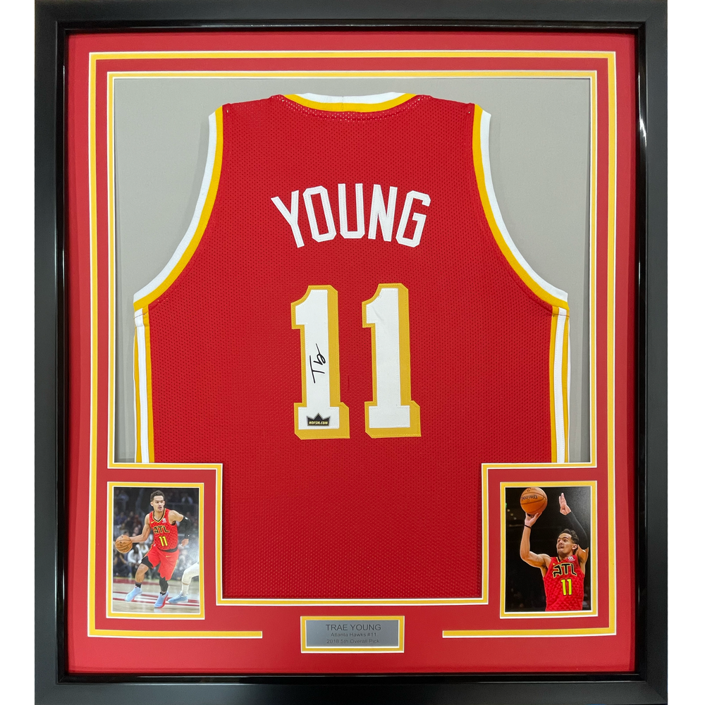 Framed Facsimile Autographed Trae Young 35x39 Atlanta Red Reprint Laser Auto Basketball Jersey (ONLINE ORDER ONLY)