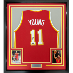 Framed Facsimile Autographed Trae Young 35x39 Atlanta Red Reprint Laser Auto Basketball Jersey (ONLINE ORDER ONLY)