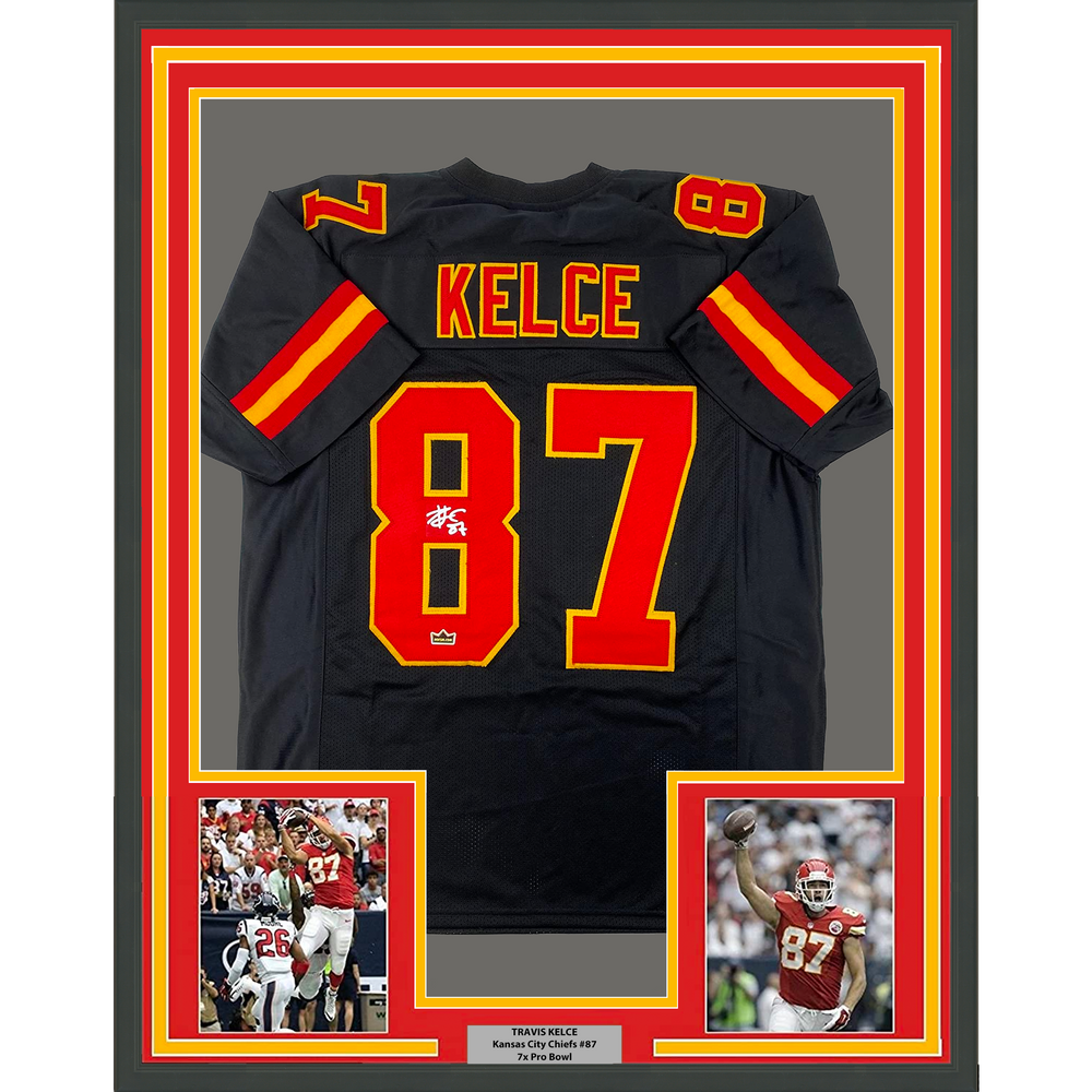 Framed Facsimile Autographed Travis Kelce 35x39 Kansas City Black Reprint Laser Auto Football Jersey Size Men's XL (ONLINE ORDER ONLY)