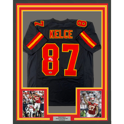 Framed Facsimile Autographed Travis Kelce 35x39 Kansas City Black Reprint Laser Auto Football Jersey Size Men's XL (ONLINE ORDER ONLY)