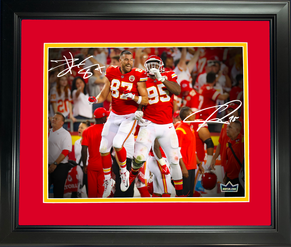 Framed Travis Kelce & Chris Jones Kansas City Chiefs Dual Facsimile Laser Engraved Signature Auto 11"x14" Football Photo HOFSM Holo (ONLINE ORDER ONLY)