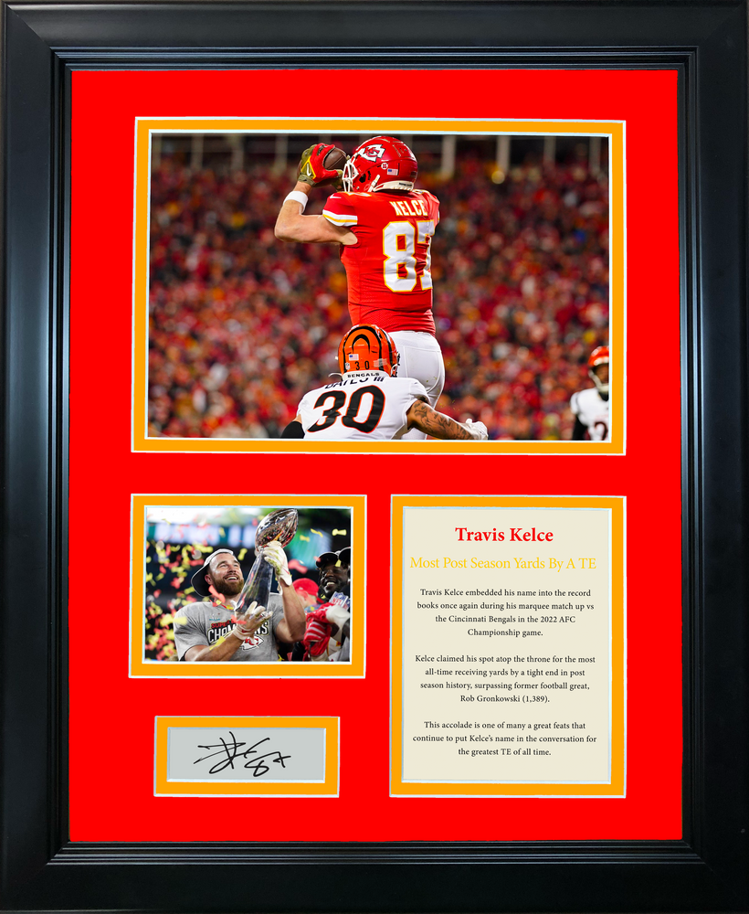 Framed Travis Kelce Record Most Post Season Receiving Yards by Tight End Kansas City Chiefs Facsimile Laser Engraved Signature Auto Football 11"x14" Photo Sig Collage (ONLINE ORDER ONLY)