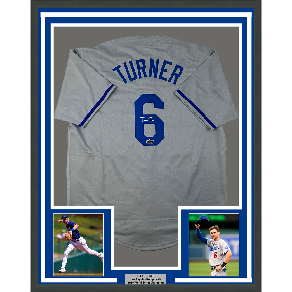 Framed Facsimile Autographed Trea Turner 35x39 Los Angeles LA Grey Reprint Laser Auto Baseball Jersey (ONLINE ORDER ONLY)