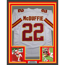 Framed Autographed/Signed Trent McDuffie 35x39 Kansas City White Football Jersey JSA COA