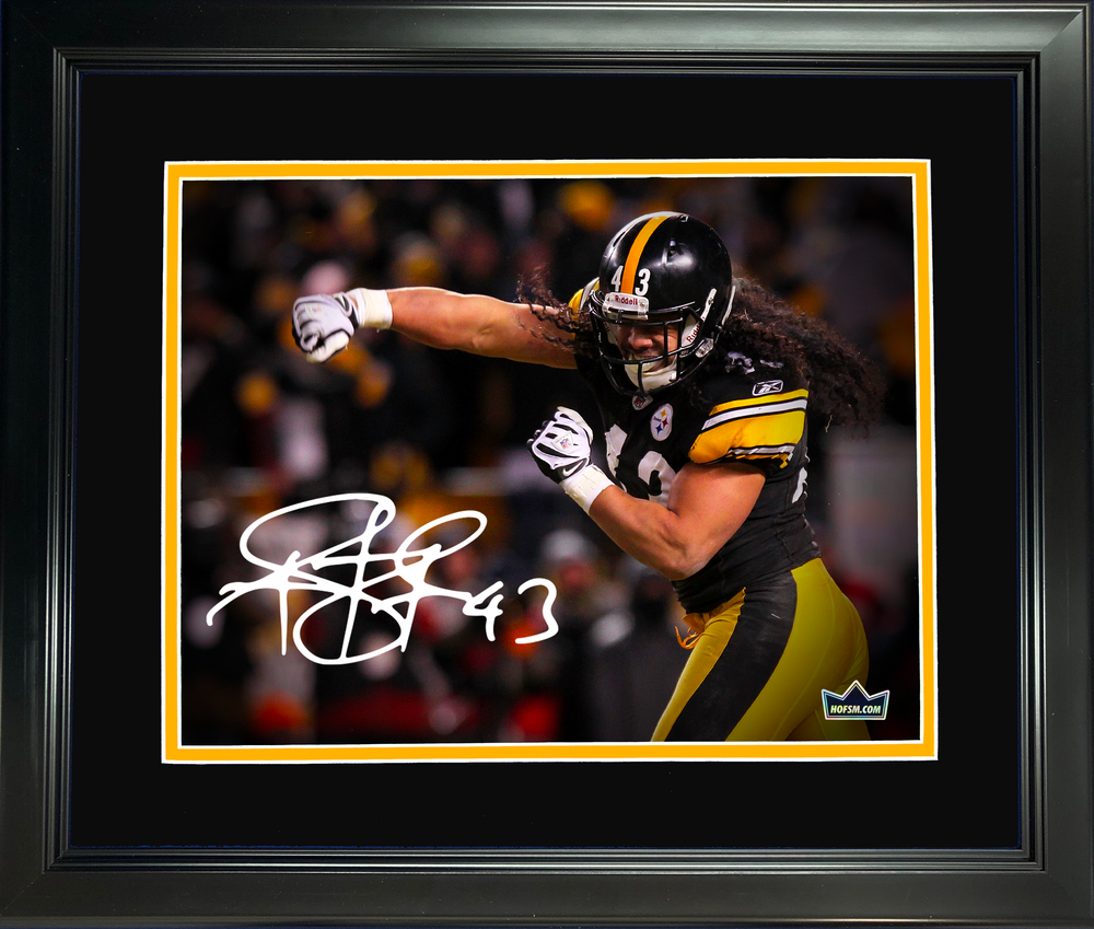 Framed Troy Polamalu Facsimile Laser Engraved Signature Auto Pittsburgh Steelers 11"x14" Football Photo HOFSM Holo (ONLINE ORDER ONLY)