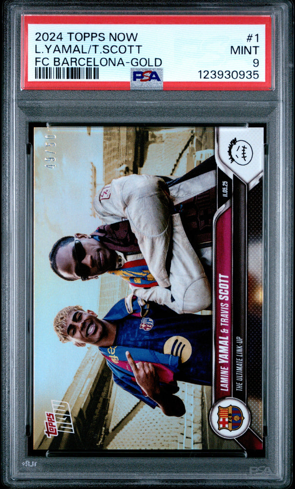 Graded 2024 Topps Now Lamine Yamal/Travis Scott #1 FC Barcelona Gold /50 Soccer Card PSA 9 Mint (ONLINE ORDER ONLY)