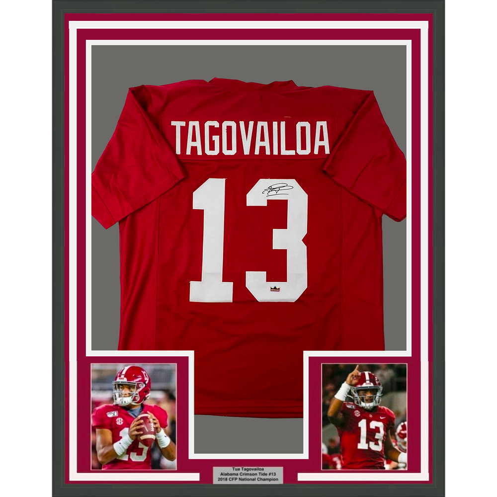Framed Facsimile Autographed Tua Tagovailoa 35x39 Alabama Red Reprint Laser Auto College Football Jersey (ONLINE ORDER ONLY)