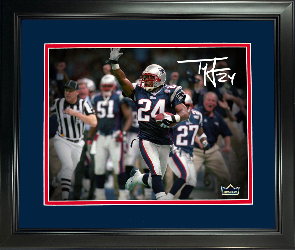Framed Ty Law Super Bowl XXXVI Pick 6 Facsimile Laser Engraved Signature Auto New England Patriots 11"x14" Football Photo HOFSM Holo (ONLINE ORDER ONLY)