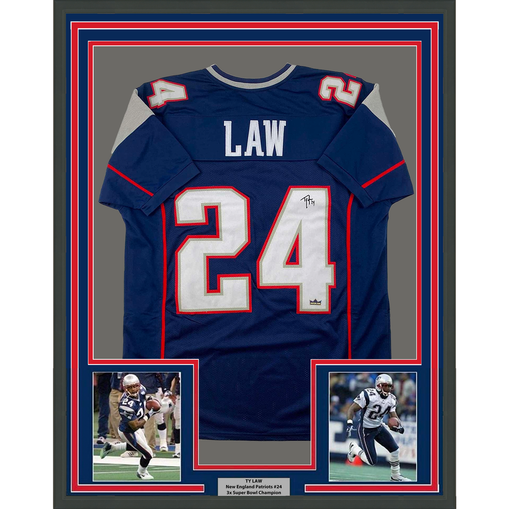 Framed Facsimile Autographed Ty Law 35x39 New England Blue Reprint Laser Auto Football Jersey (ONLINE ORDER ONLY)
