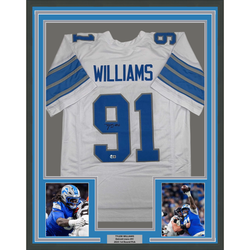 Framed Autographed/Signed Tyleik Williams 35x39 Detroit White Football Jersey Beckett BAS COA