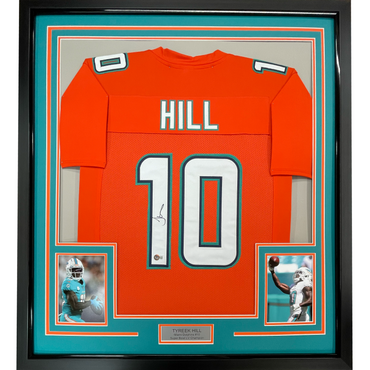 Framed Autographed/Signed Tyreek Hill 35x39 Miami Orange Retro Football Jersey JSA COA (ONLINE ORDER ONLY)