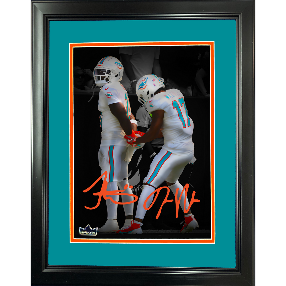 Framed Tyreek Hill & Jaylen Waddle Handcuff Arrested TD Celebration Miami Dolphins Dual Facsimile Laser Engraved Signature Auto 11"x14" Football Photo HOFSM Holo (ONLINE ORDER ONLY)
