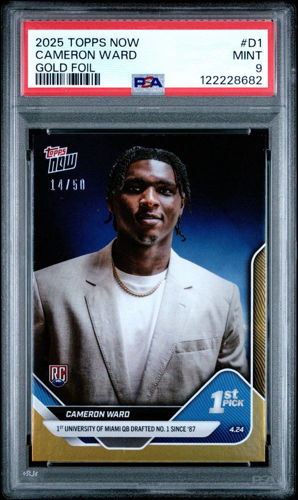 Graded 2025 Topps Now Cam Ward #D1 Gold Foil /50 Rookie RC Football Card PSA 9 Mint (ONLINE ORDER ONLY)