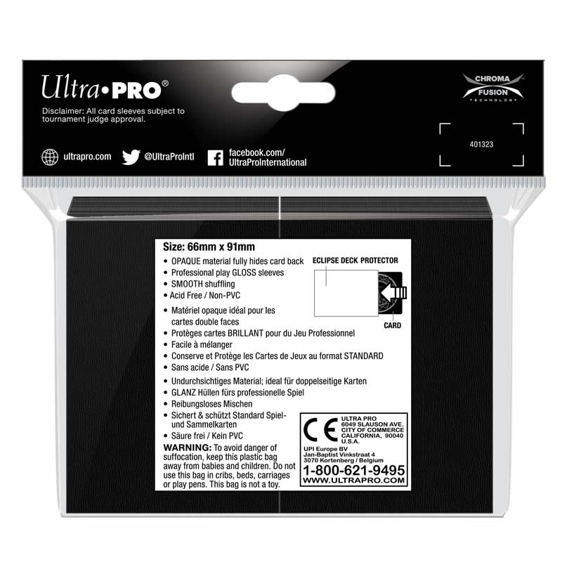 UPR15601 Jet Black Gloss Standard Sleeves 66mm x 91mm 100-sleeves Single Pack Eclipse (ONLINE ORDER ONLY)