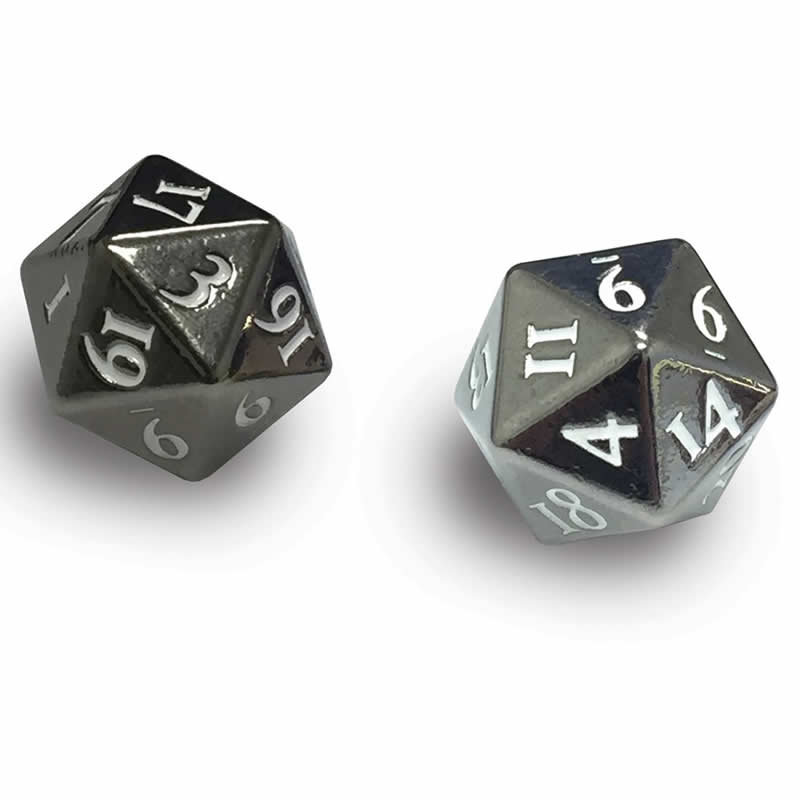 UPR85090 Heavy Metal Dice Gun Metal Finish White Numbers D20 Pack of 2 (ONLINE ORDER ONLY)