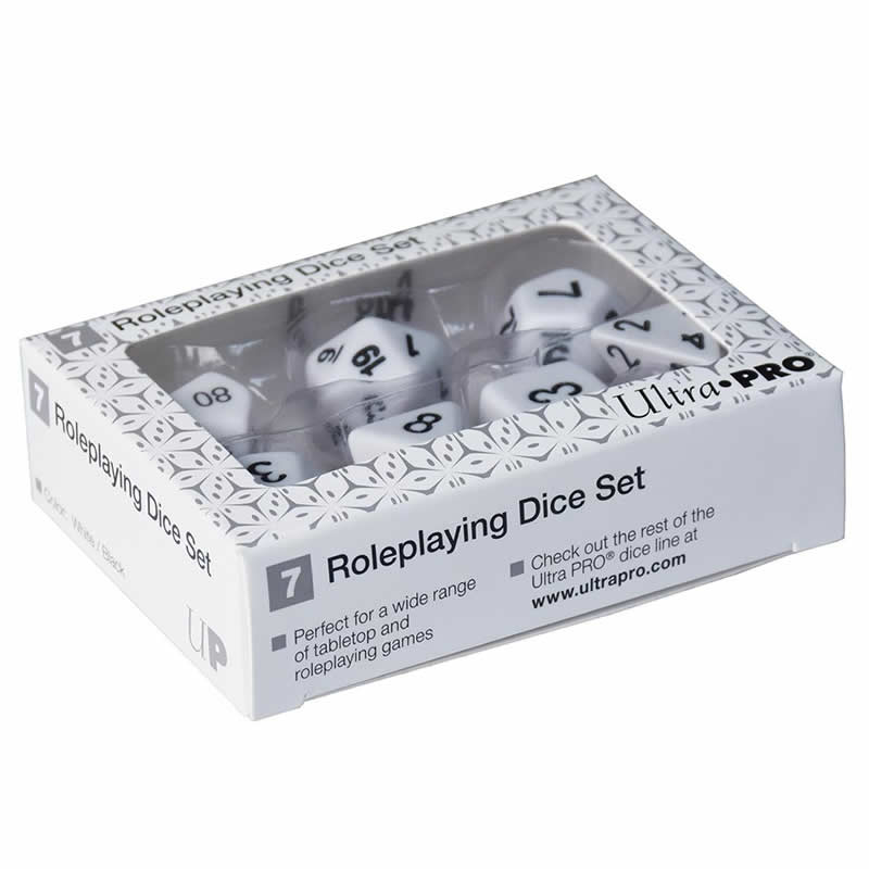 UPR85091 White Opaque Dice with Black Numbers RPG Dice Set of 7 (ONLINE ORDER ONLY)