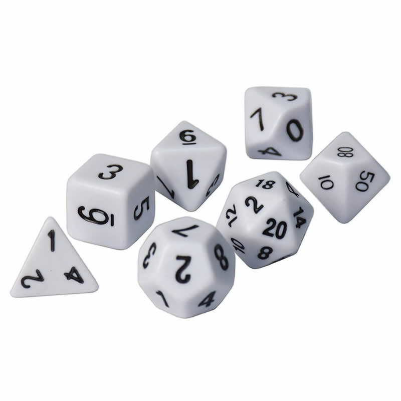 UPR85091 White Opaque Dice with Black Numbers RPG Dice Set of 7 (ONLINE ORDER ONLY)