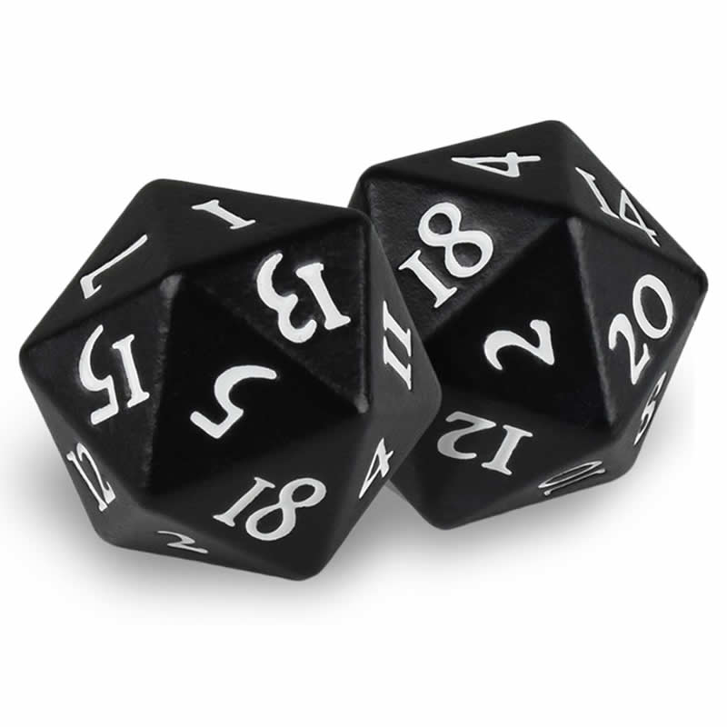 UPR85338 Heavy Metal Dice Black Magic Finish White Numbers D20 Pack of 2 (ONLINE ORDER ONLY)