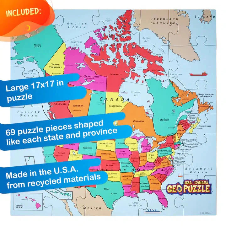 USA & Canada GeoPuzzle 69 Piece Jigsaw Puzzle Geotoys (ONLINE ORDER ONLY)