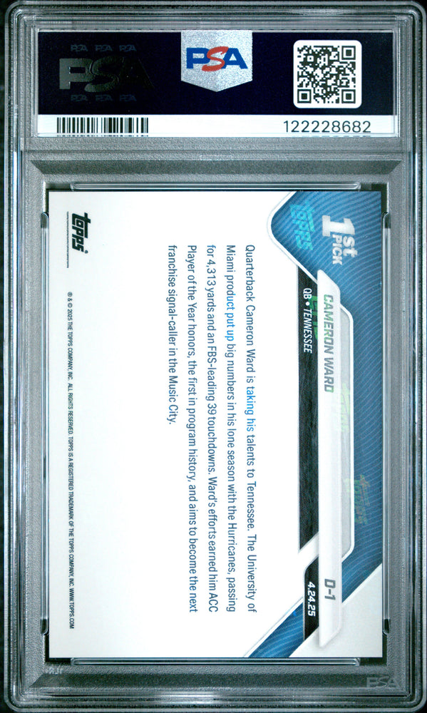 Graded 2025 Topps Now Cam Ward #D1 Gold Foil /50 Rookie RC Football Card PSA 9 Mint (ONLINE ORDER ONLY)