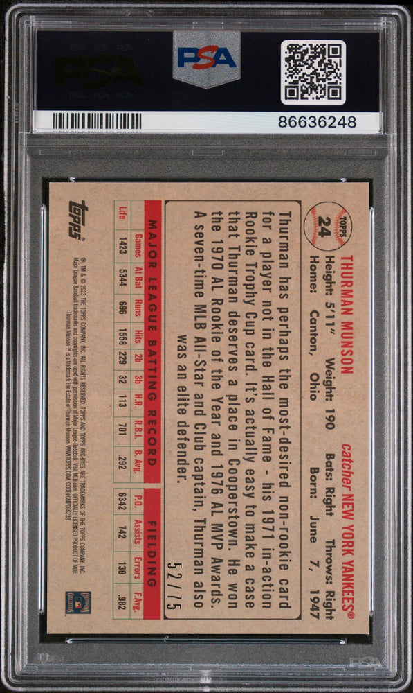 2023 TOPPS ARCHIVES THURMAN MUNSON AQUA SPARKLE FOIL #24 - PSA 10 (Online Order Only)