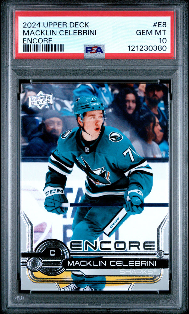 Graded 2024 Upper Deck Macklin Celebrini #E8 Encore Rookie RC Hockey Card PSA 10 Gem Mint (ONLINE ORDER ONLY)
