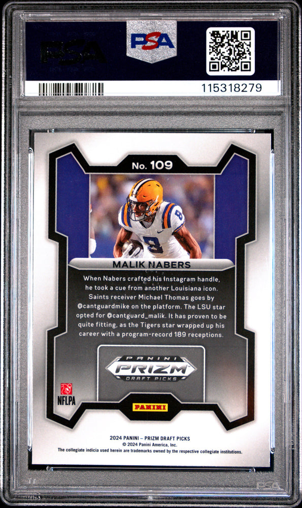 Graded 2024 Panini Prizm Draft Picks Malik Nabers #109 Rookie RC Football Card PSA 10 Gem Mint (ONLINE ORDER ONLY)