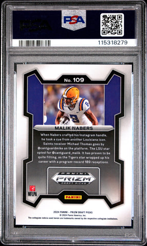Graded 2024 Panini Prizm Draft Picks Malik Nabers #109 Rookie RC Football Card PSA 10 Gem Mint (ONLINE ORDER ONLY)