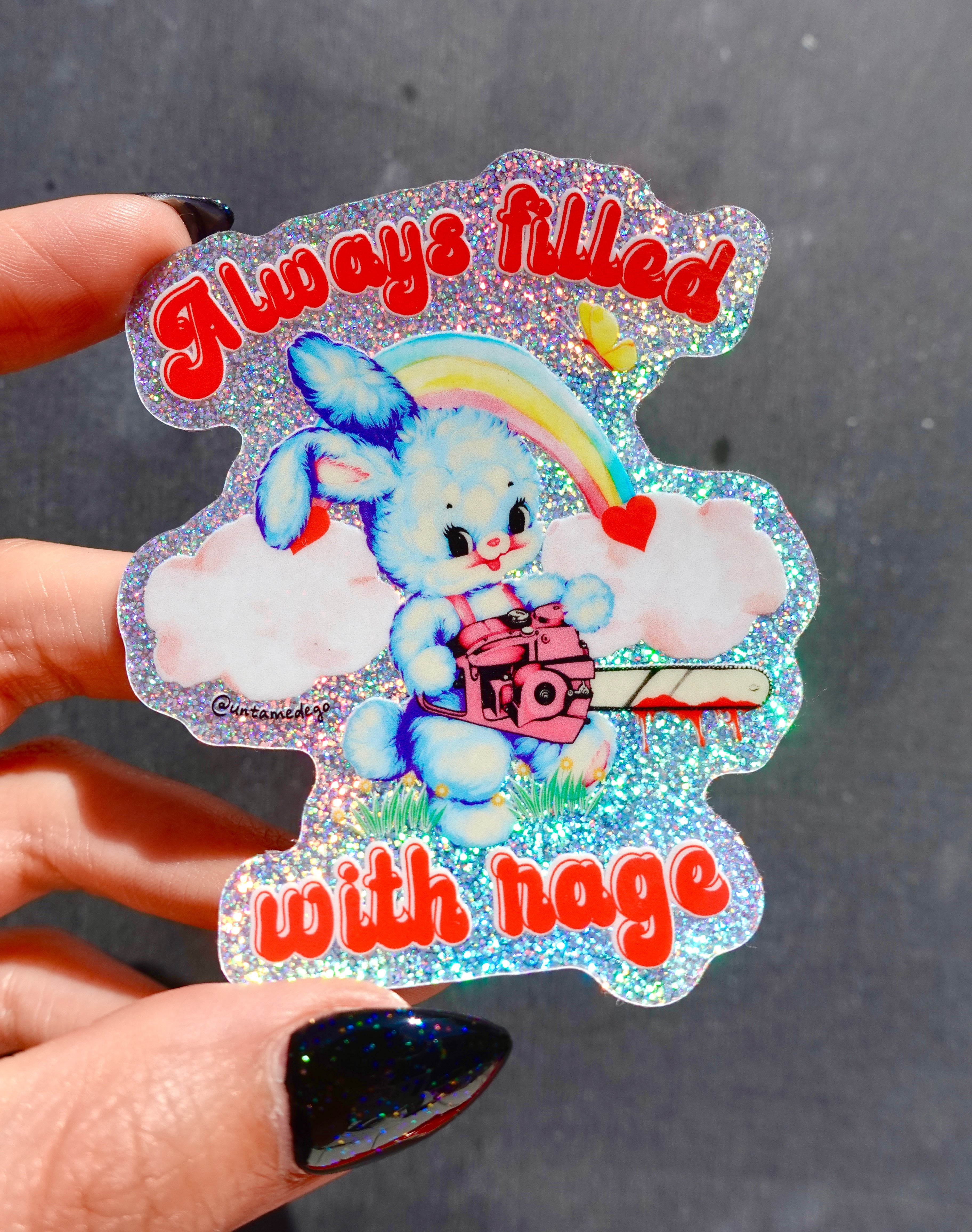 Always Filled with Rage Waterproof Vinyl Sticker – Holographic Funny Bunny Chainsaw Decal (Online Order Only)