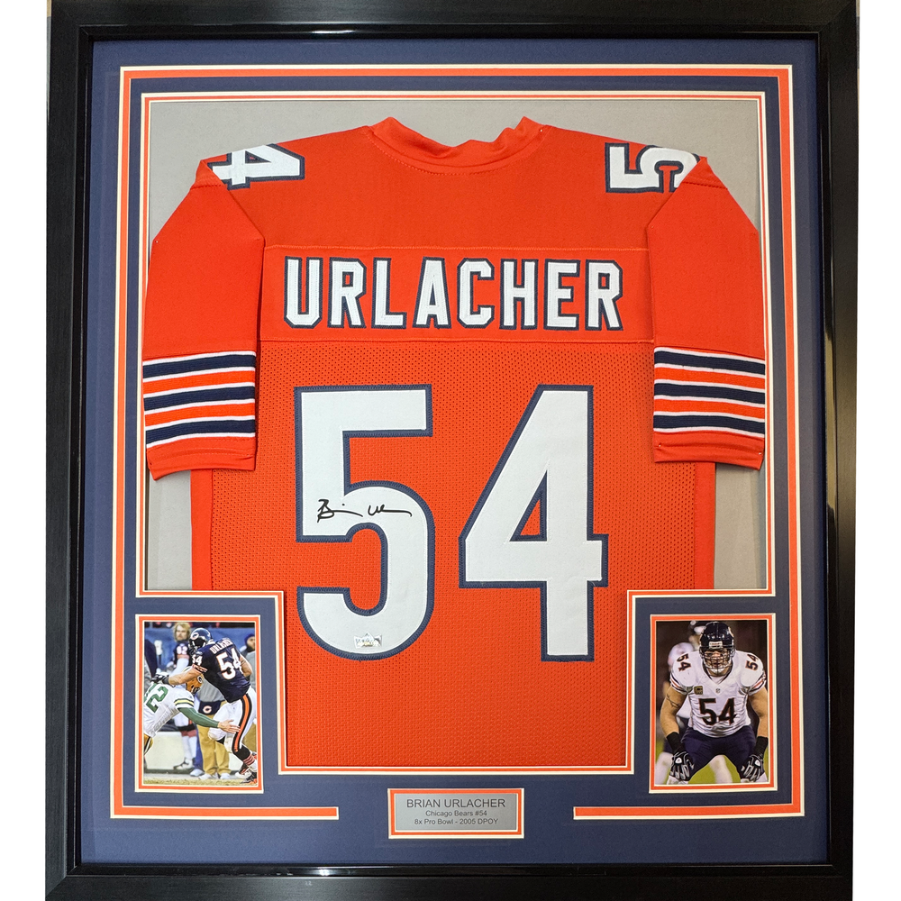 Framed Facsimile Autographed Brian Urlacher 35x39 Chicago Orange Reprint Laser Auto Football Jersey (ONLINE ORDER ONLY)