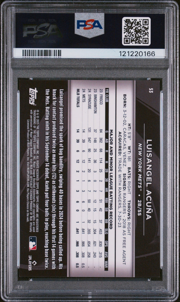 Graded 2025 Topps Chrome Black Luisangel Acuna #53 Gold Mini Diamond /50 Rookie RC Baseball Card PSA 10 Gem Mint (ONLINE ORDER ONLY)