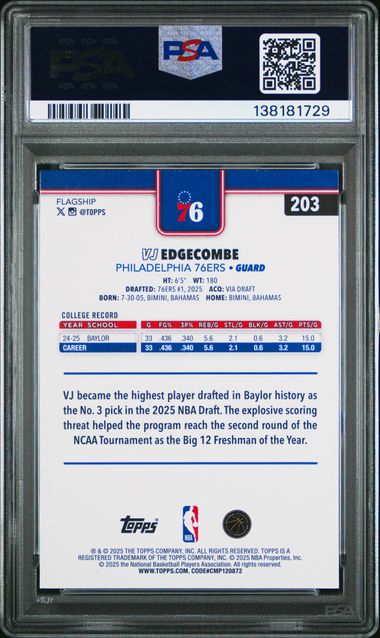 Graded 2025 Topps VJ Edgecombe #203 Rookie RC Basketball Card PSA 10 Gem Mint (ONLINE ORDER ONLY)