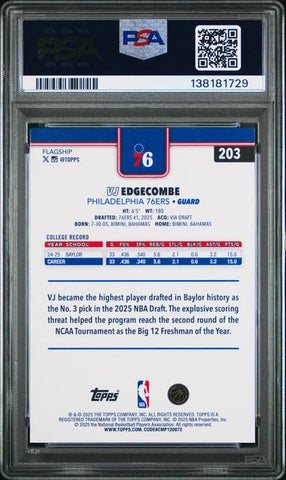 Graded 2025 Topps VJ Edgecombe #203 Rookie RC Basketball Card PSA 10 Gem Mint (ONLINE ORDER ONLY)