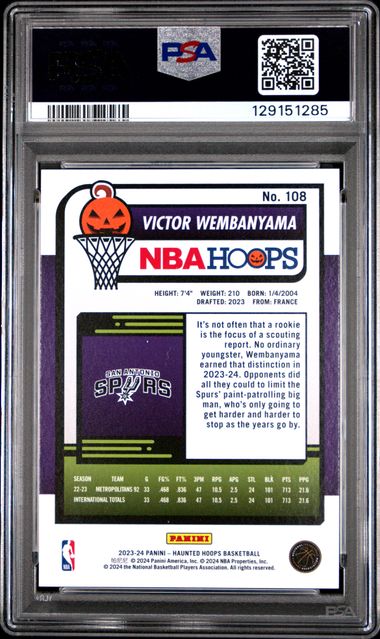 Graded 2023 Panini NBA Hoops Haunted Hoops Victor Wembanyama #108 Orange Rookie RC Basketball Card PSA 10 Gem Mint (ONLINE ORDER ONLY)