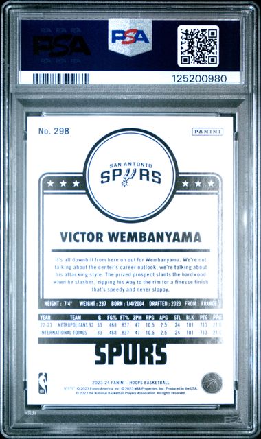 Graded 2023 Panini Hoops Victor Wembanyama #298 Hyper Blue Rookie RC Basketball Card PSA 10 Gem Mint (ONLINE ORDER ONLY)