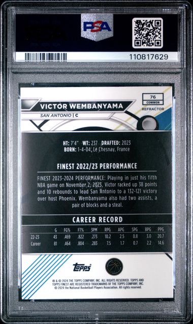 Graded 2023 Topps Finest Victor Wembanyama #76 Refractor Rookie RC Basketball Card PSA 10 Gem Mint (ONLINE ORDER ONLY)
