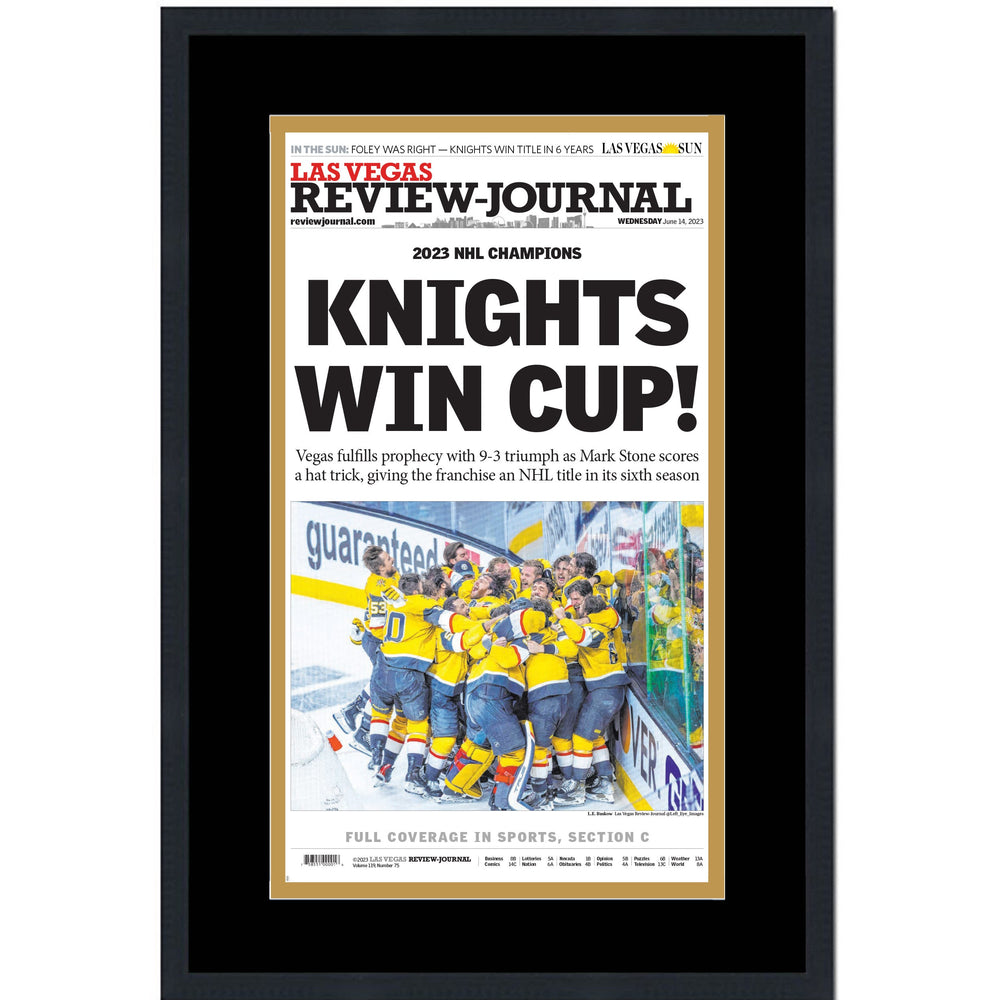 Framed Las Vegas Review-Journal Golden Knights 2023 Stanley Cup Champions 14x24 Hockey Newspaper Cover Photo Professionally Matted V1 (ONLINE ORDER ONLY)